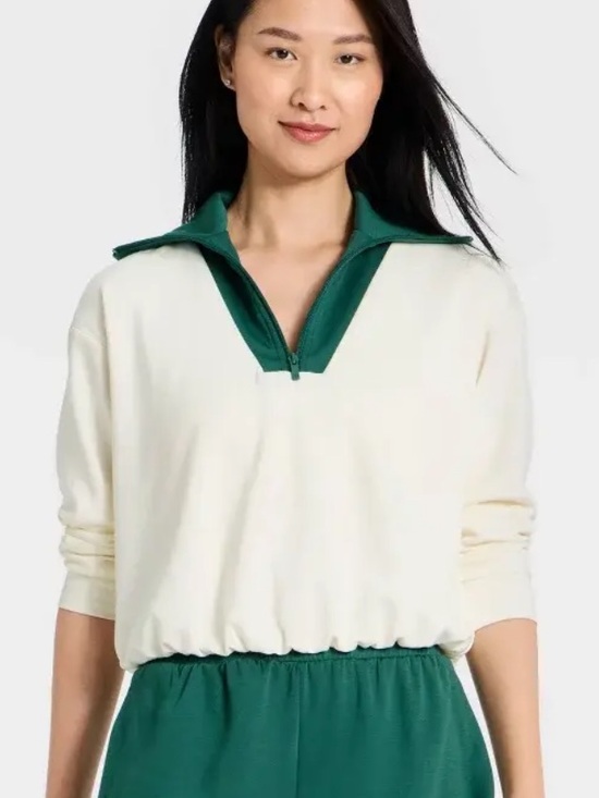 all in motion Sweaters - all in motion Cream Pullover with Green Quarter-Zip Collar 4